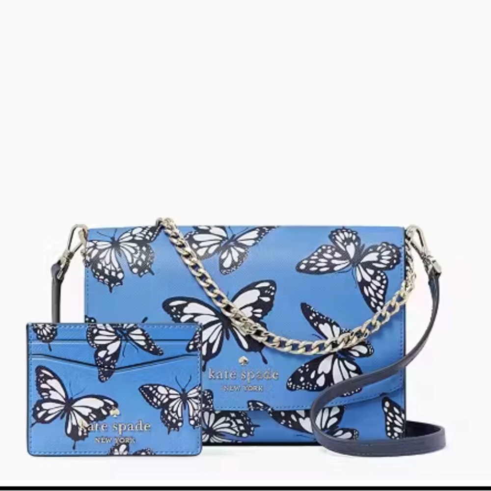 Kate Spade Blue and White Butterfly Crossbody Bag with sky card holder